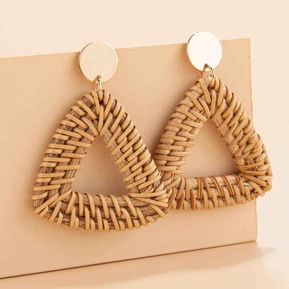 Triangle Straw Rattan Gold Tone Earrings Boho - Picture 3 of 4